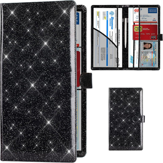 TOURSUIT Car Registration and Insurance Card Holder, Vehicle License Document Glove Box Compartment Organizer, Interior Car Accessories for Women Men (Glitter Black)