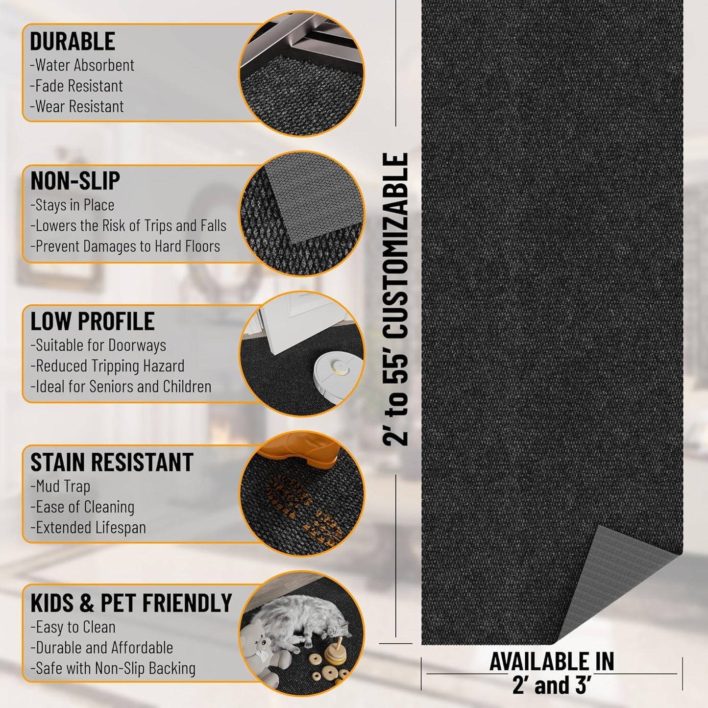 Ottomanson 2'7" x 50' Hallway Runner with Scraper Pile - Extra Durable Non-Slip Rug Mat for Indoor & Outdoor Use - Ideal for Kitchen, Entryway & Garage - High-Traffic Carpet, Black