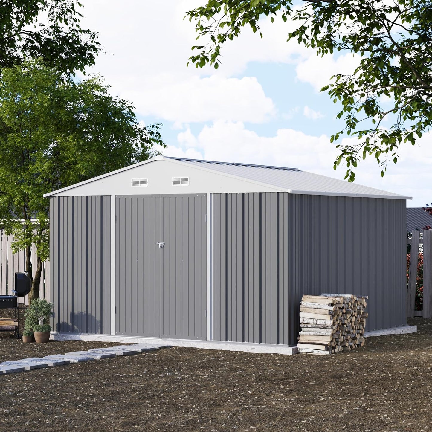 Patiowell 10' x 10' Metal Storage Shed for Outdoor, Steel Yard Shed with Design of Lockable Doors, Utility and Tool Storage for Garden, Backyard, Patio, Outside use, Grey