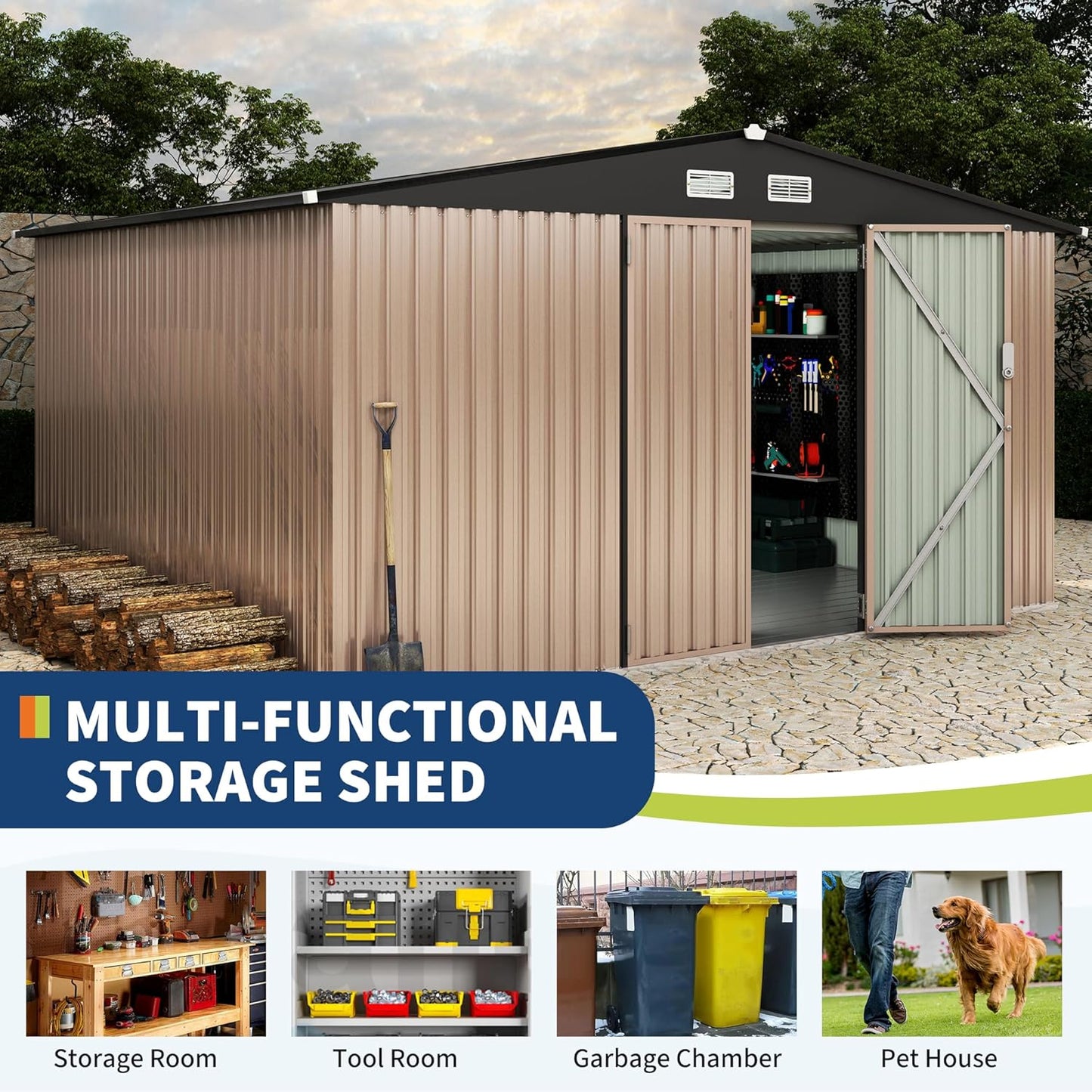 10x12 FT Metal Storage Sheds Outdoor, Metal ToolShed with Lockable Door, Metals Yard Sheds Metals Garden Shed Kit, MetalUtility Sheds Buildings with Air Vent for Backyard Garden Patio Lawn