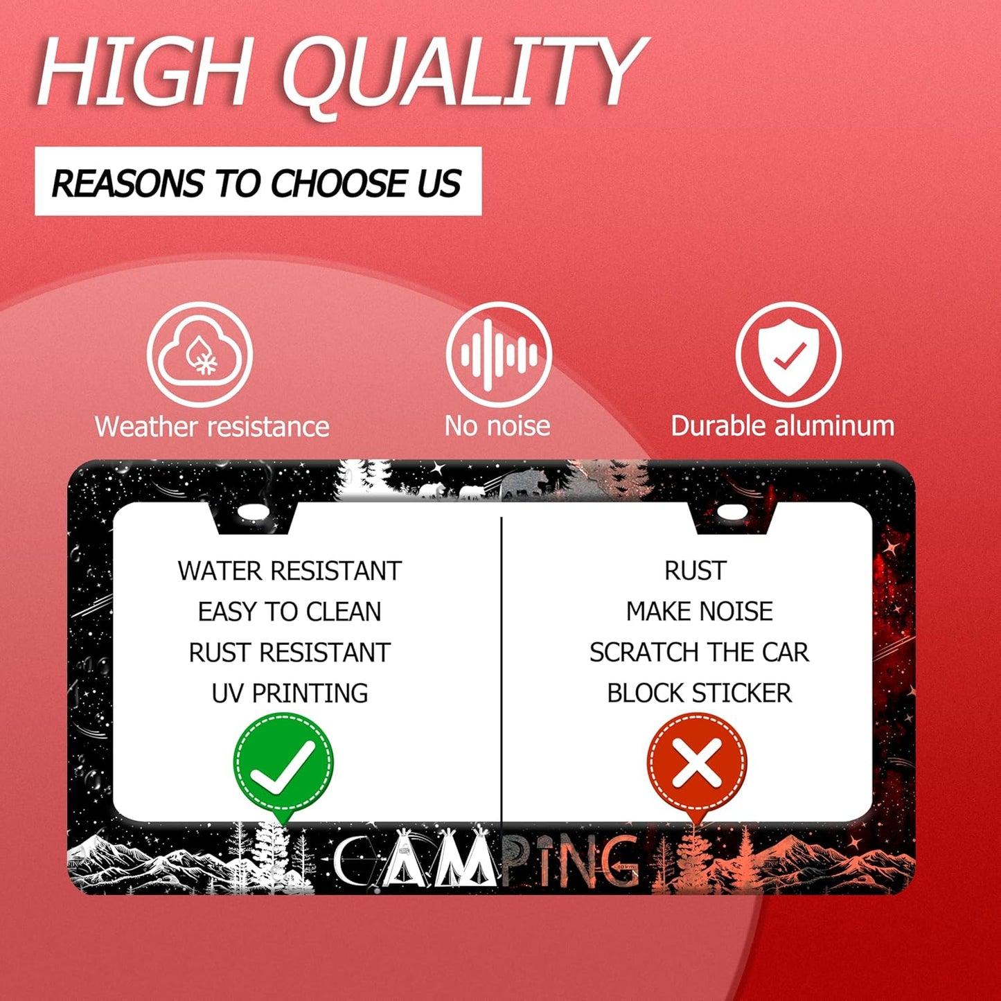 Camping License Plate Frame Forest Mountains License Plate Holder Funny Stainless Steel Accessories Cars Decor with 2 Holes and Screws Fits Standard Us Ca Vehicles License Plate Frames 12.2 X 6 Inch