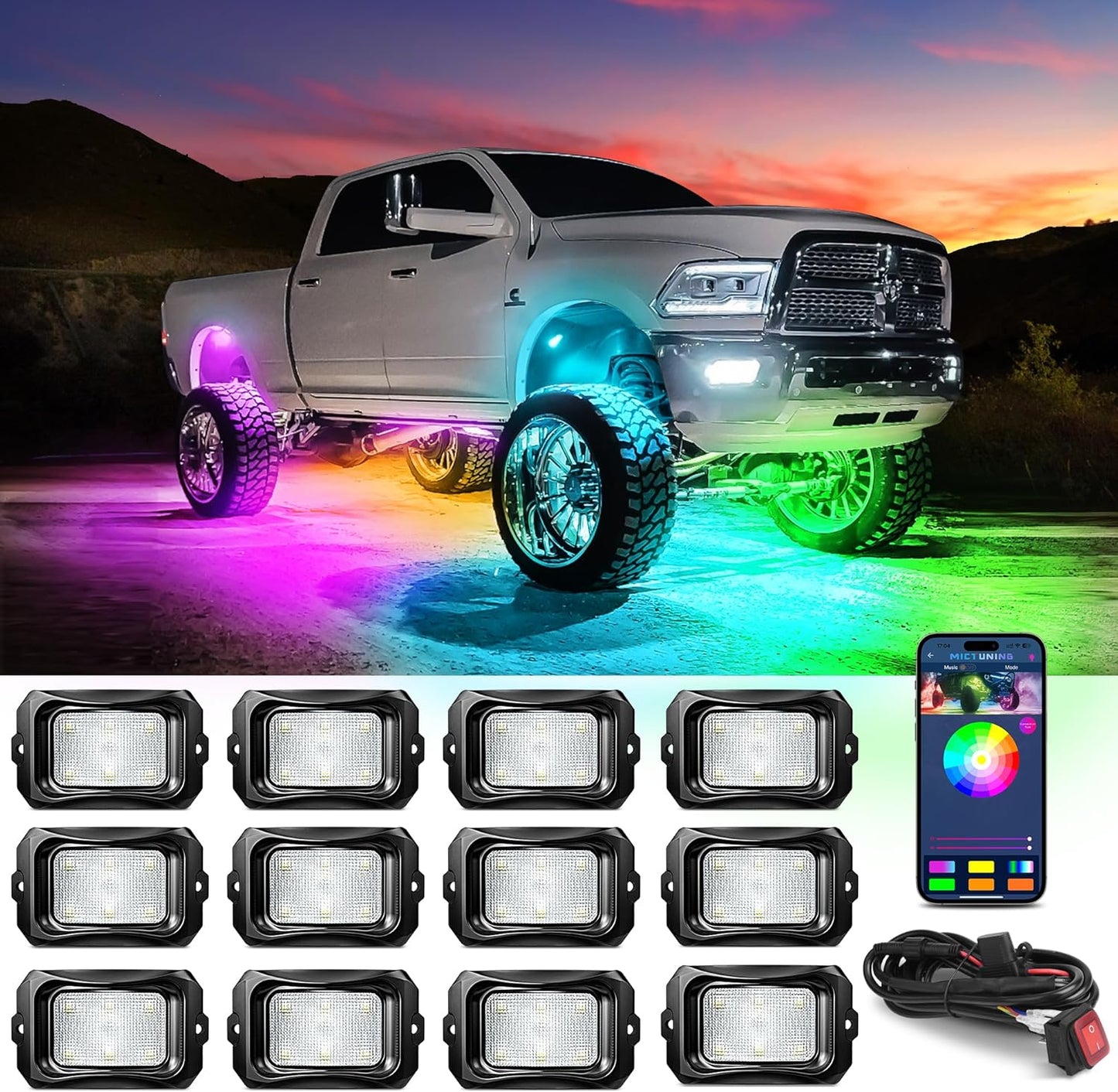 MICTUNING C2 Max RGB+IC Chasing Color LED Rock Lights - 12 Pods Underglow Lighting Kit, Dynamic Lighting Modes, Extensible Up to 24 Pods with Stable APP Control, IP68 Waterproof, DIY Effect