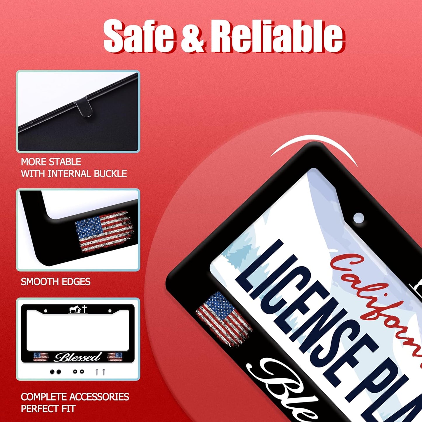 Blessed American Flag License Plate Frame Cross Pray for US License Plate Frames Stainless Steel Accessories Cars Decor with 2 Holes and Screws Fits Standard US CA Vehicles Size 12.2 x 6 Inches