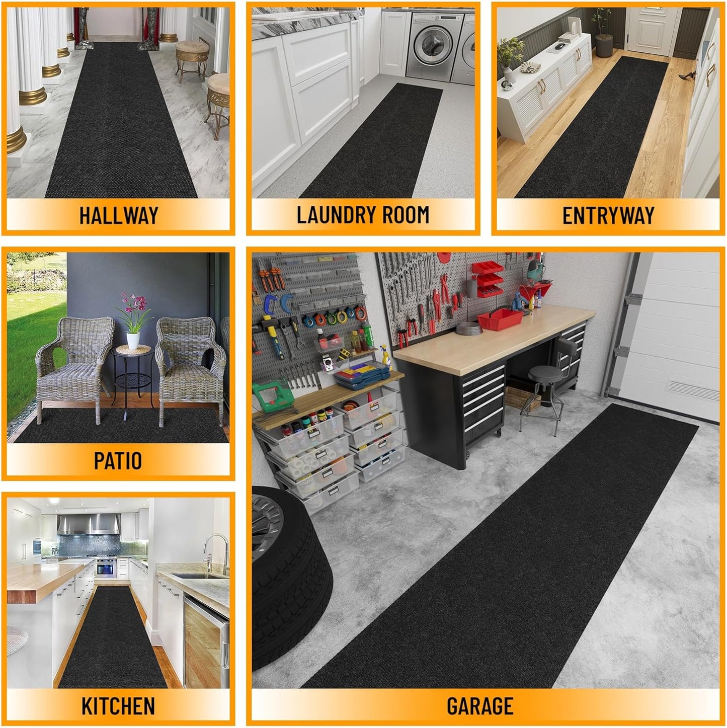 Ottomanson 2'7" x 52' Hallway Runner with Scraper Pile - Extra Durable Non-Slip Rug Mat for Indoor & Outdoor Use - Ideal for Kitchen, Entryway & Garage - High-Traffic Carpet, Black