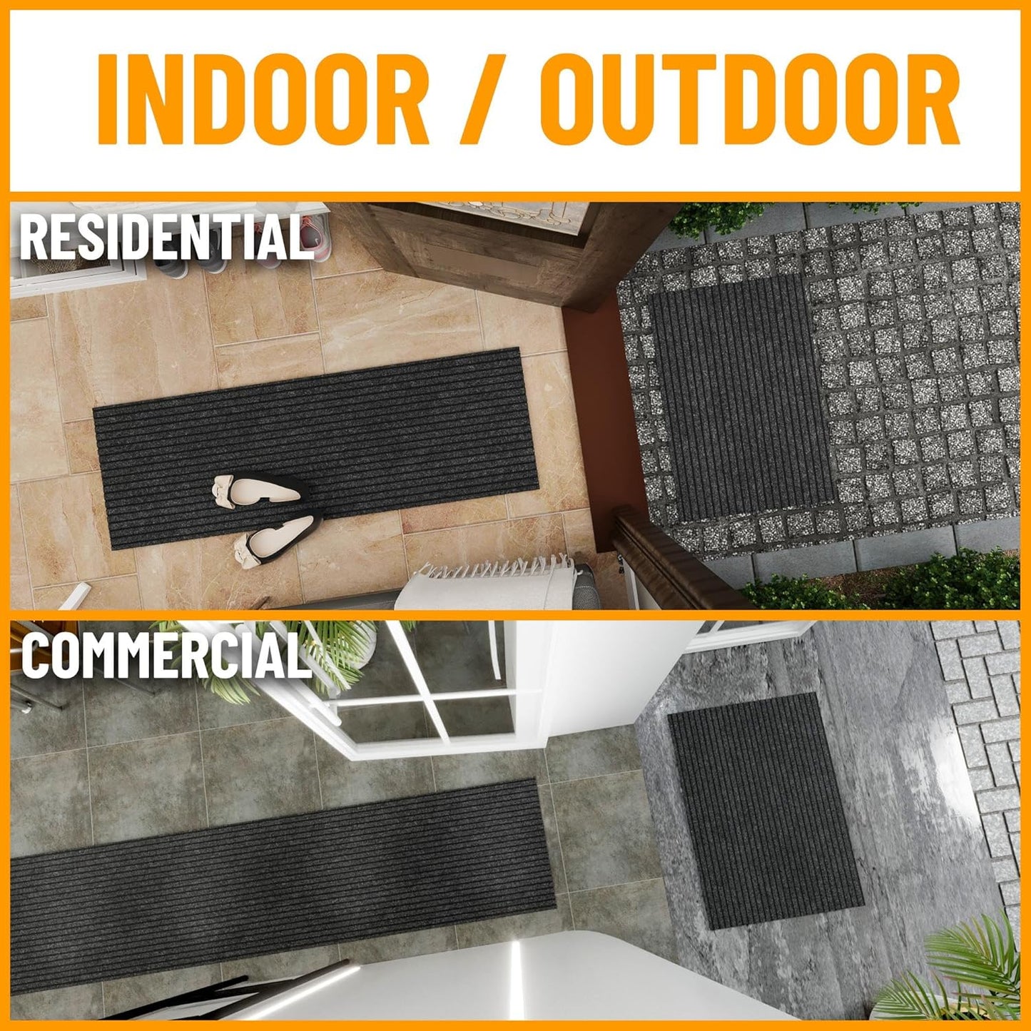 Ottomanson 2' x 42' Hallway Runner with Scraper Pile Extra Durable Non-Slip Rug Mat for Indoor & Outdoor Use - Ideal for Kitchen, Entryway, Patio & Garage - High-Traffic Carpet, Black