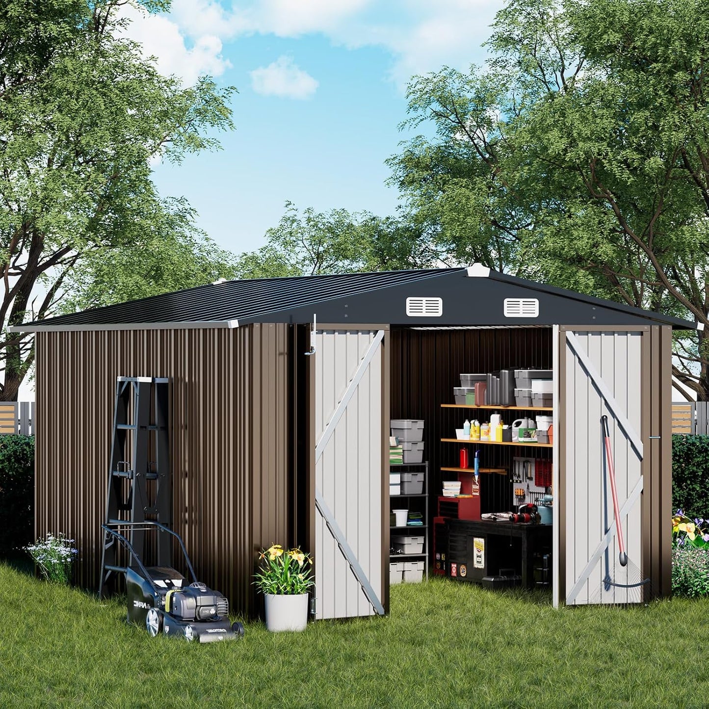 COMHOMA Shed Outdoor Storage Shed Metal,Lockable Doors Tool Sheds with Sloping Roof,Steel Garden Shed with Air Vent for Backyard,Patio,Lawn,Poolside (Brown, 10'*12')