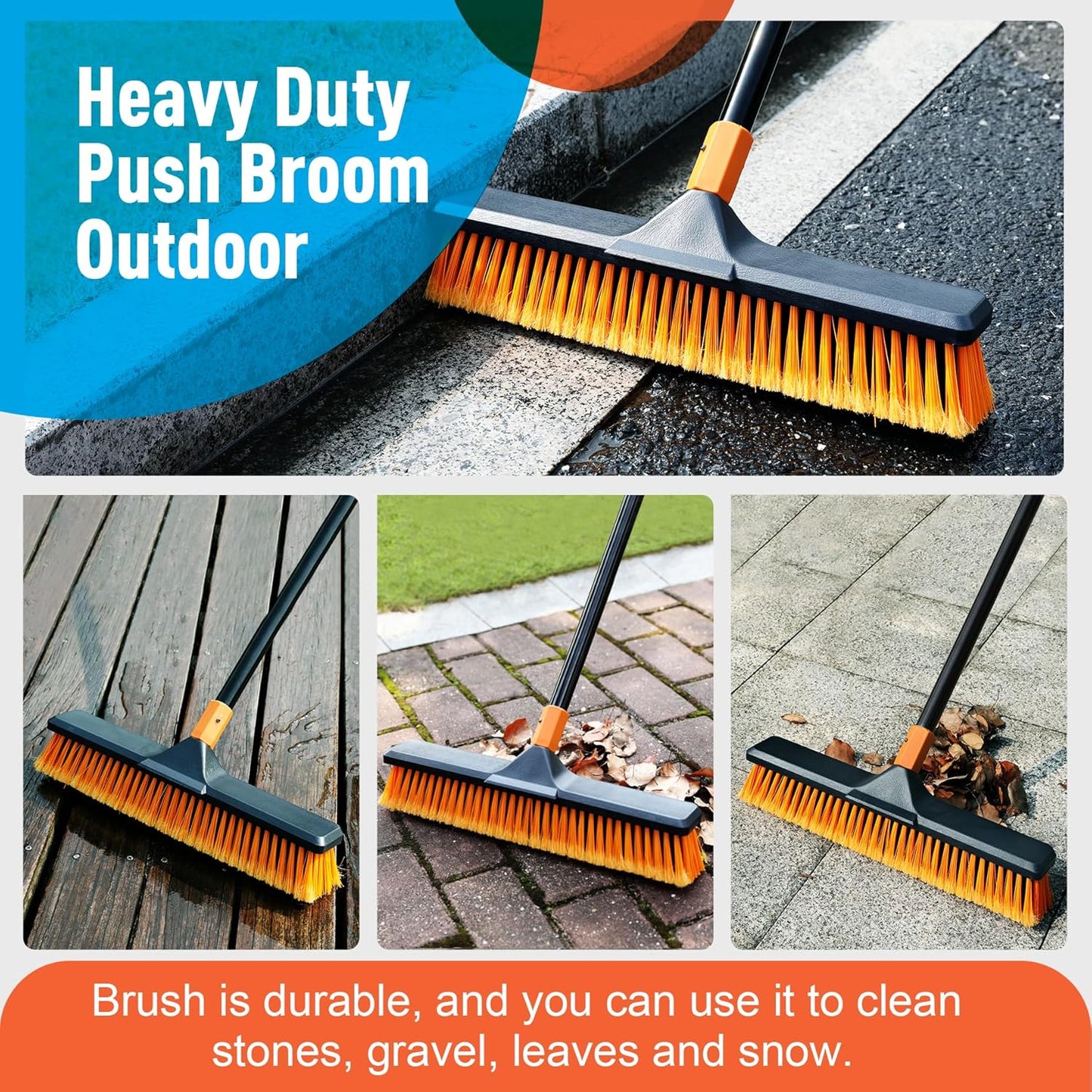 2 Set 18" Push Broom Outdoor with 65” Extendable Long Handle, Stiff Bristle Heavy Duty Broom for Indoor and Outdoor, Bathroom, Kitchen, Tub, Tile, Patio, Deck, Concrete, Commercial Brooms