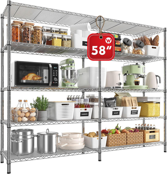 REIBII 58" W 5 Tier Heavy Duty Wire Shelving Unit with Adjustable Shelves - 1400LB Metal, Chrome - 58" W x 59" H x 13.8" D - Garage, Pantry, Kitchen