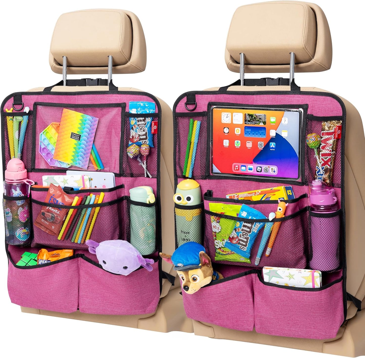 Helteko Backseat Car Organizer, Kick Mats Back Seat Protector with Touch Screen Tablet Holder, Back Seat Organizer for Kids with 9 Storage Pockets, Travel Accessories (2 Pack, Deep Pink)