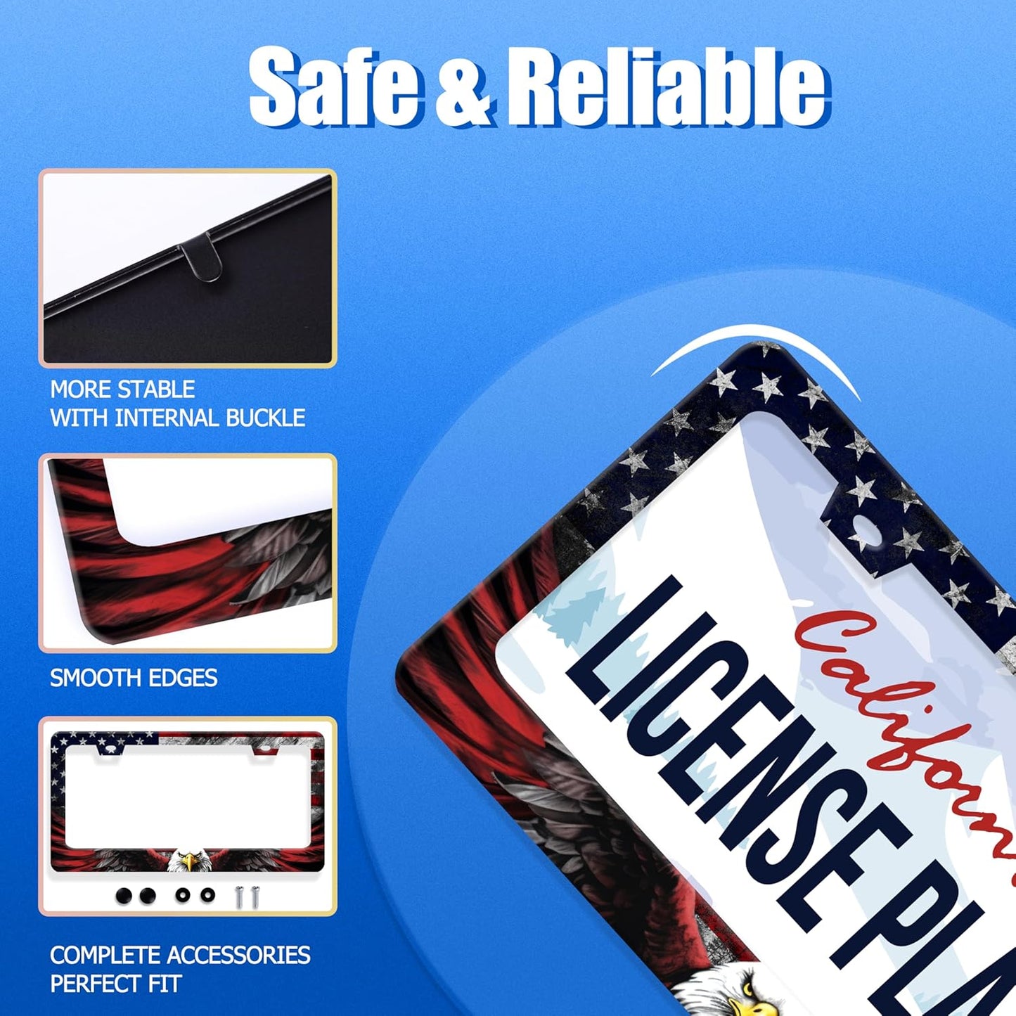 American Flag Eagle Patriotic License Plate Frame USA Flag License Plate Stainless Steel Funny License Plate Holder for Men Women Colorful Car Accessories Decoration 12.3" x 6.3"