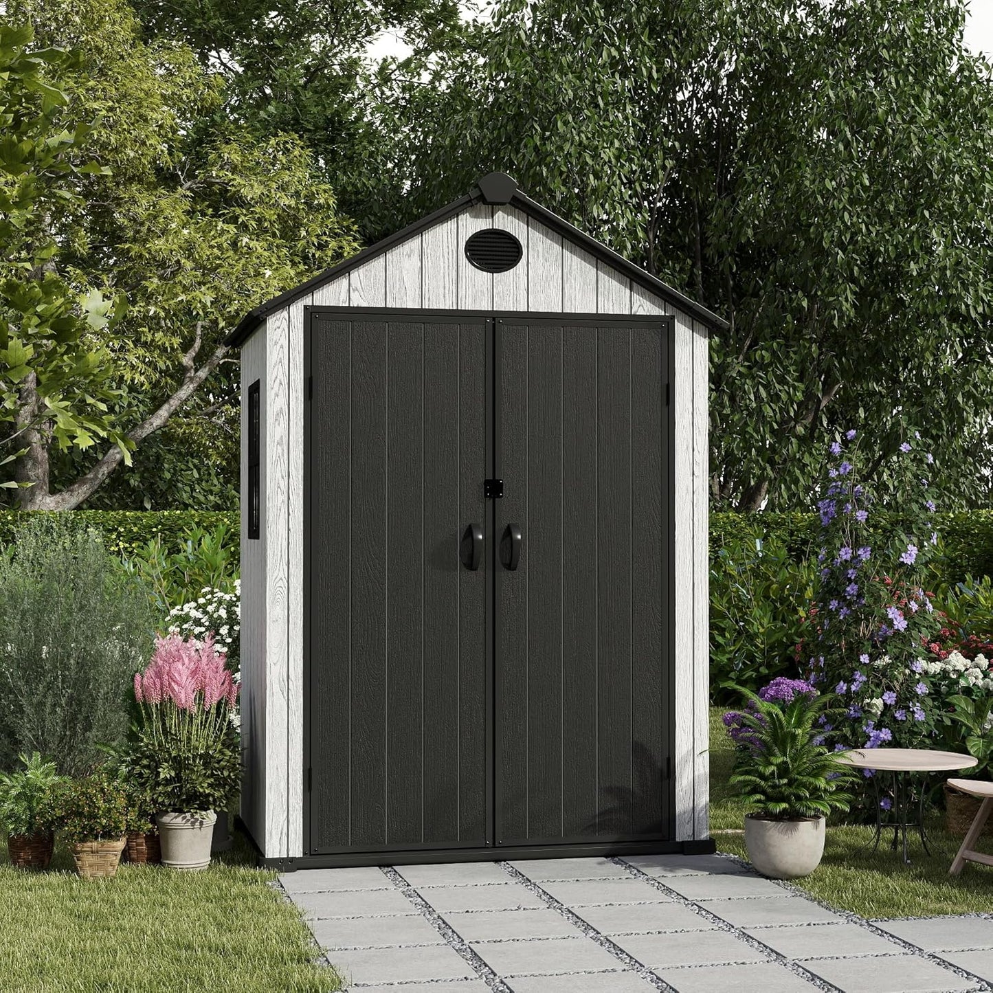 5.3x3.4 FT Resin Outdoor Storage Shed, 135 Cuft Garden Tool Sheds & Outdoor Storage Plastic Shed with Floor, 7FT Tall Outside Lawn Mower Storage Shed with Side Window, Cemented Grey Black