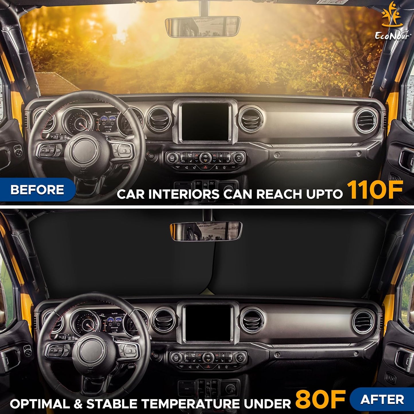 EcoNour 2-Piece Windshield Sun Shade for Jeep | Foldable Jeep Wrangler Sun Shade/Jeep Gladiator Sun Shade fit for Jeep Wrangler JL JLU 2018-2025 / Jeep Gladiator 2020-2025 | Keeps Car Interior Cooler