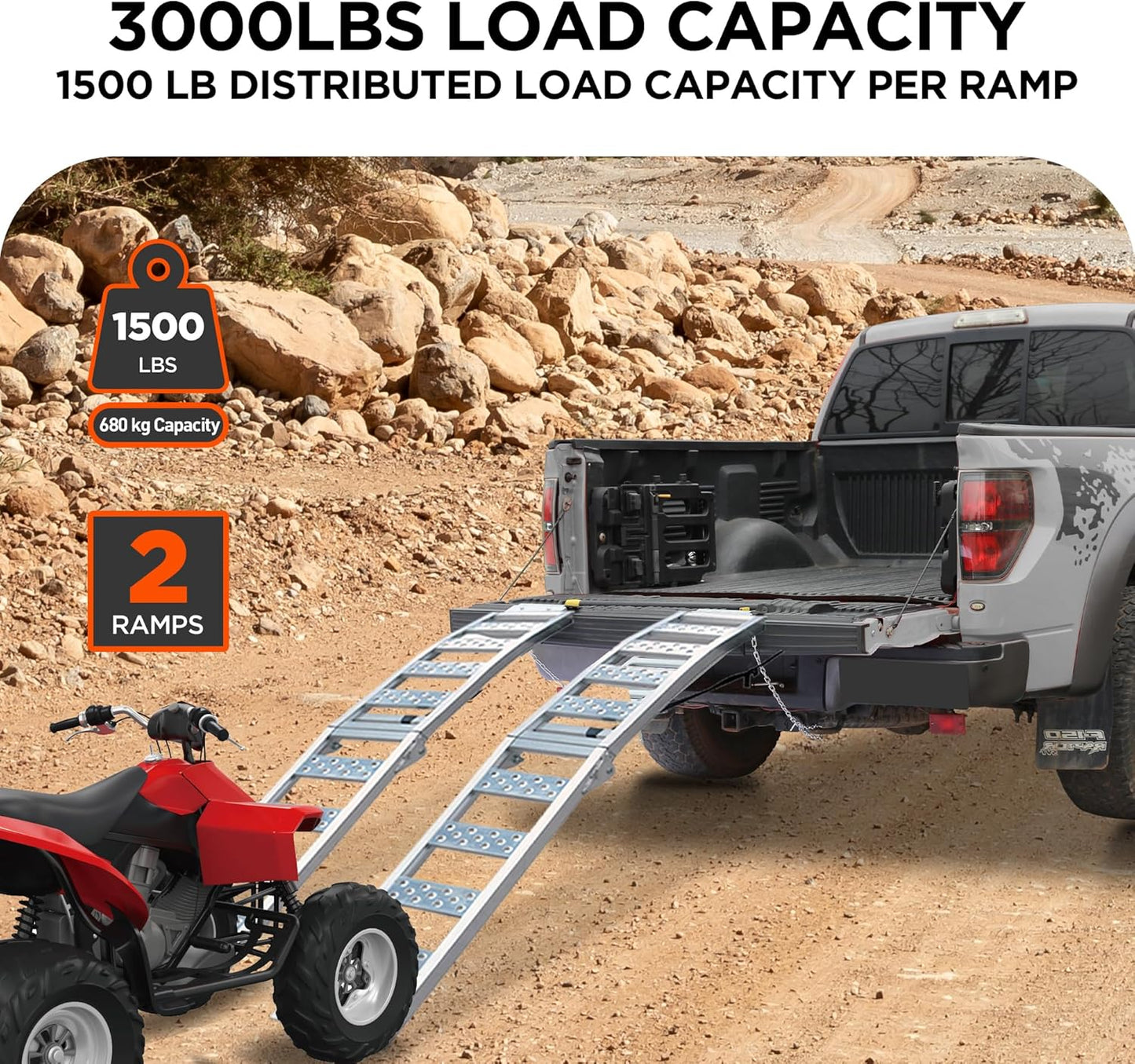 Rockland Foldable Arched Aluminum Loading Ramp, 90'' x 11'', 1500 LBS Loading Capacity, Portable Ramp for Motorcycles, Ebikes and ATVs, 2 Pcs, with 2 Safety Straps Included