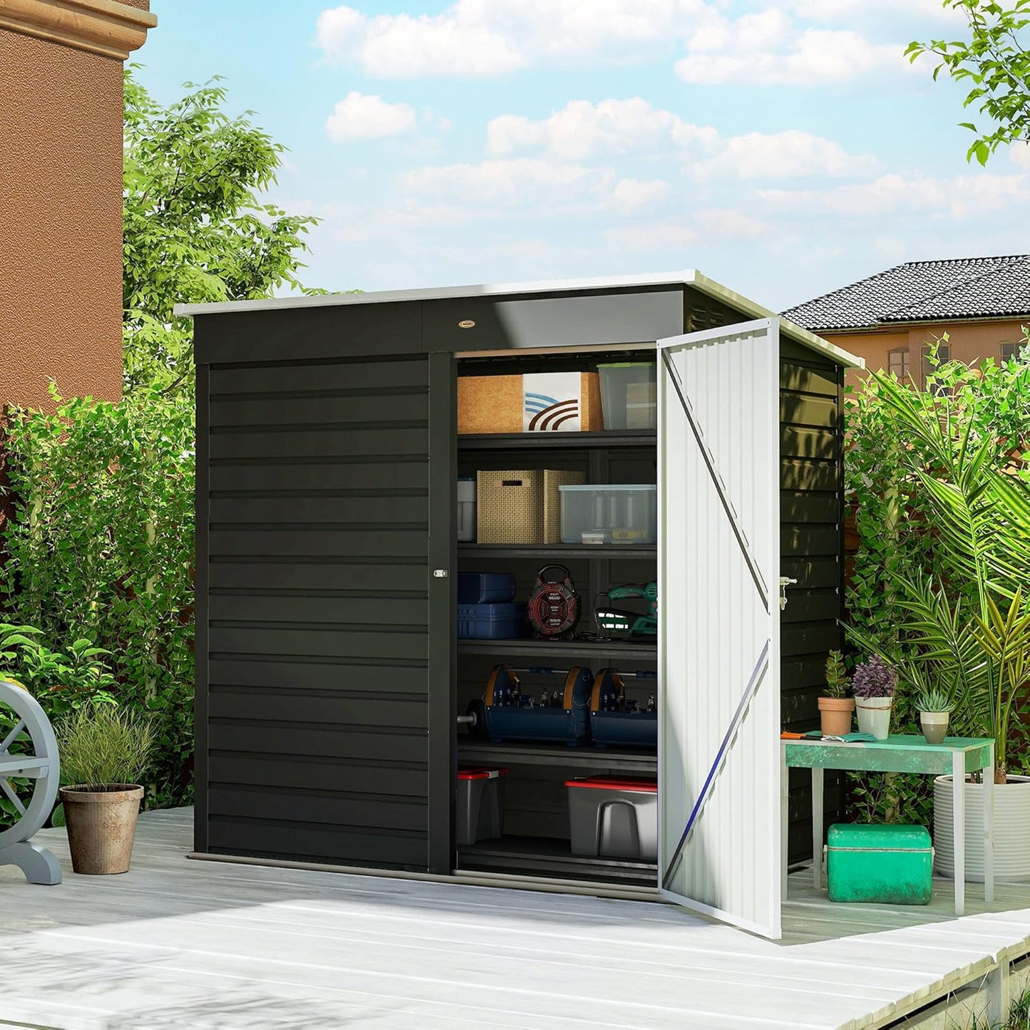 Outsunny 6' x 4' Outdoor Storage Shed, Easy to Assemble, Metal Garden Tool Shed with Lockable Door and Gloves for Backyard Garden Patio Lawn, Dark Gray