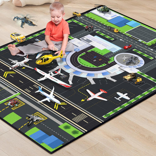 Playmat for Boys Playroom 5'x 6'6" Airport Mat for Kids Bedroom Traffic System and Aircraft Runway Rug Carpet Non-Slip Washable Area Rug