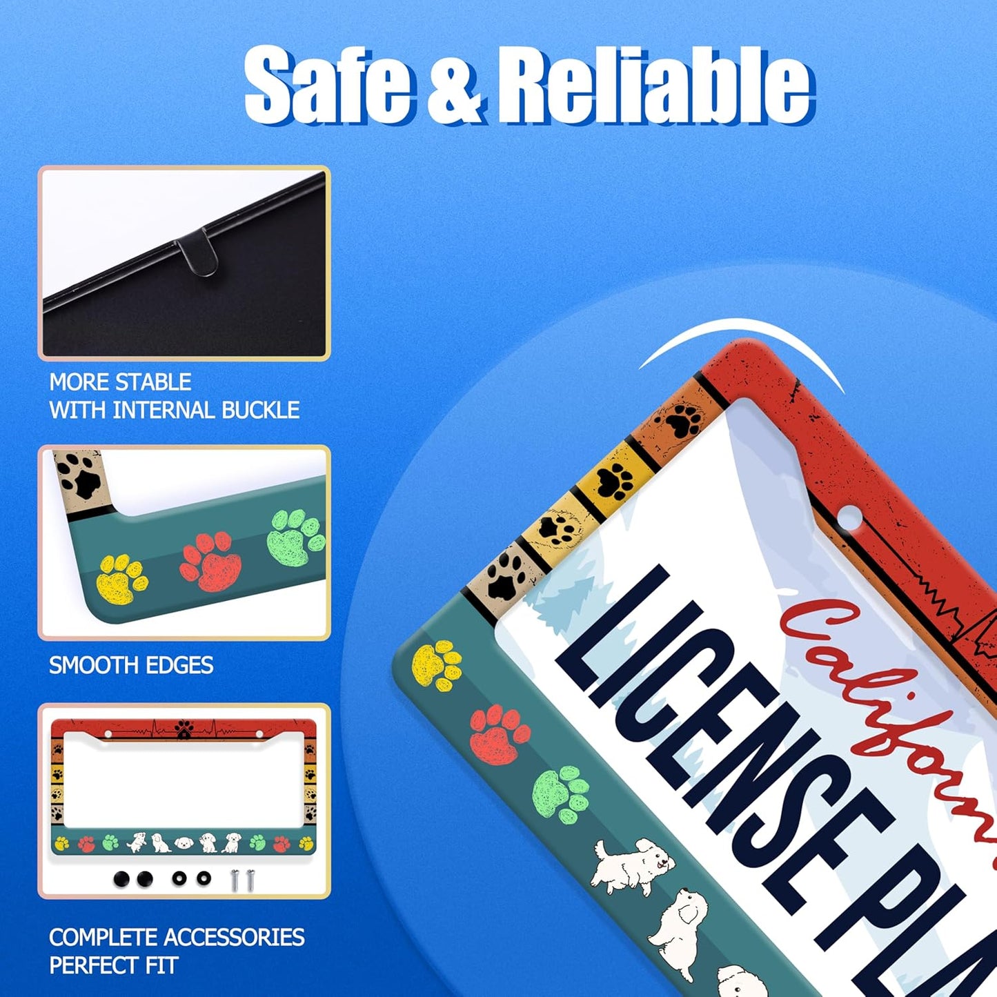 Dog License Plate Frame Cute Dog Paws License Plate Stainless Steel Animal Funny License Plate Holder Personalized Dog Car Accessory Decoration 12.3" x 6.3"for Men Women