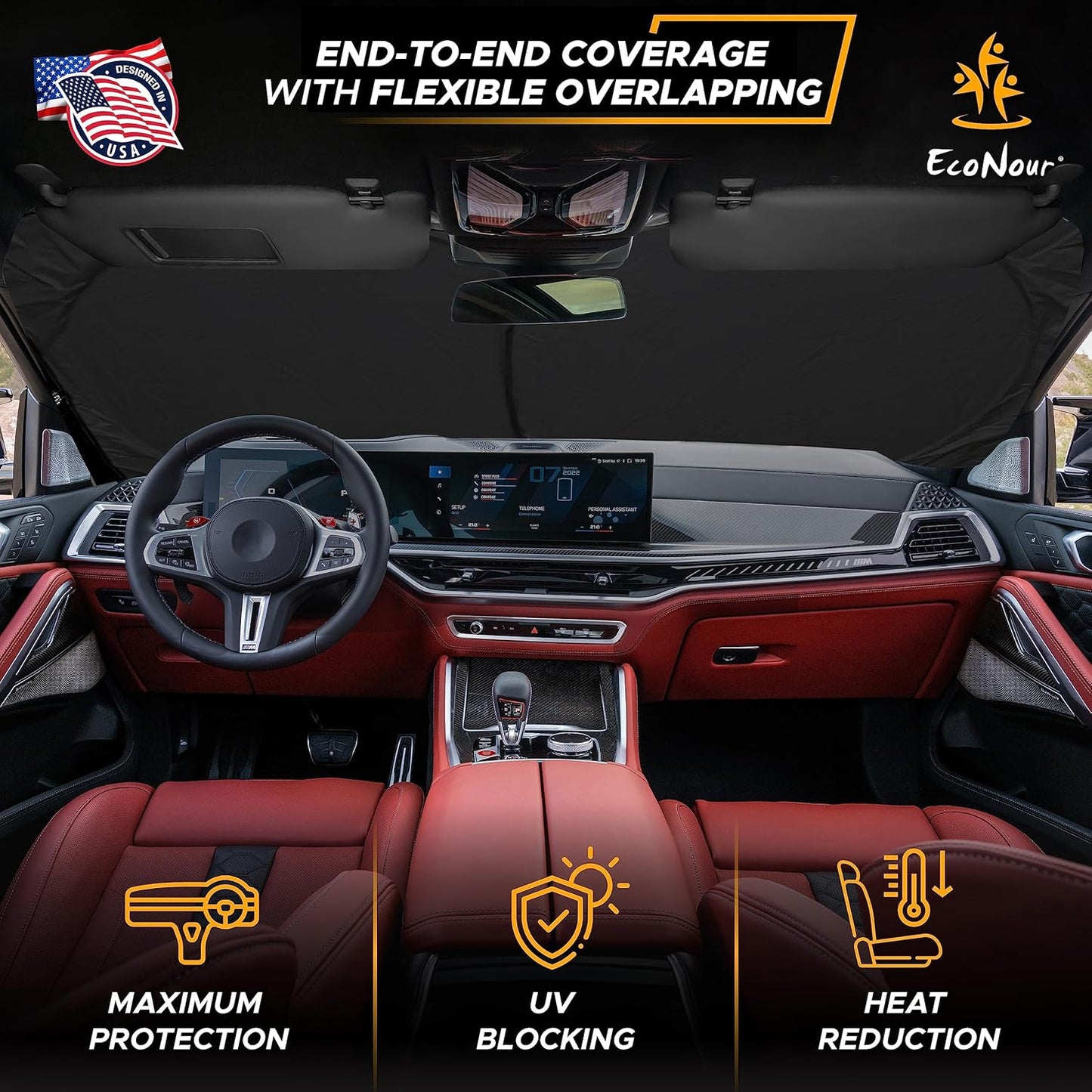 EcoNour Car Windshield Sun Shade with Pouch Bag (Sunflower) | Front Window Sun Protector for UV Rays | Car Interior Accessories Fits Small Sedans, Mini SUVs & Hatchbacks | Medium (64"x 32")