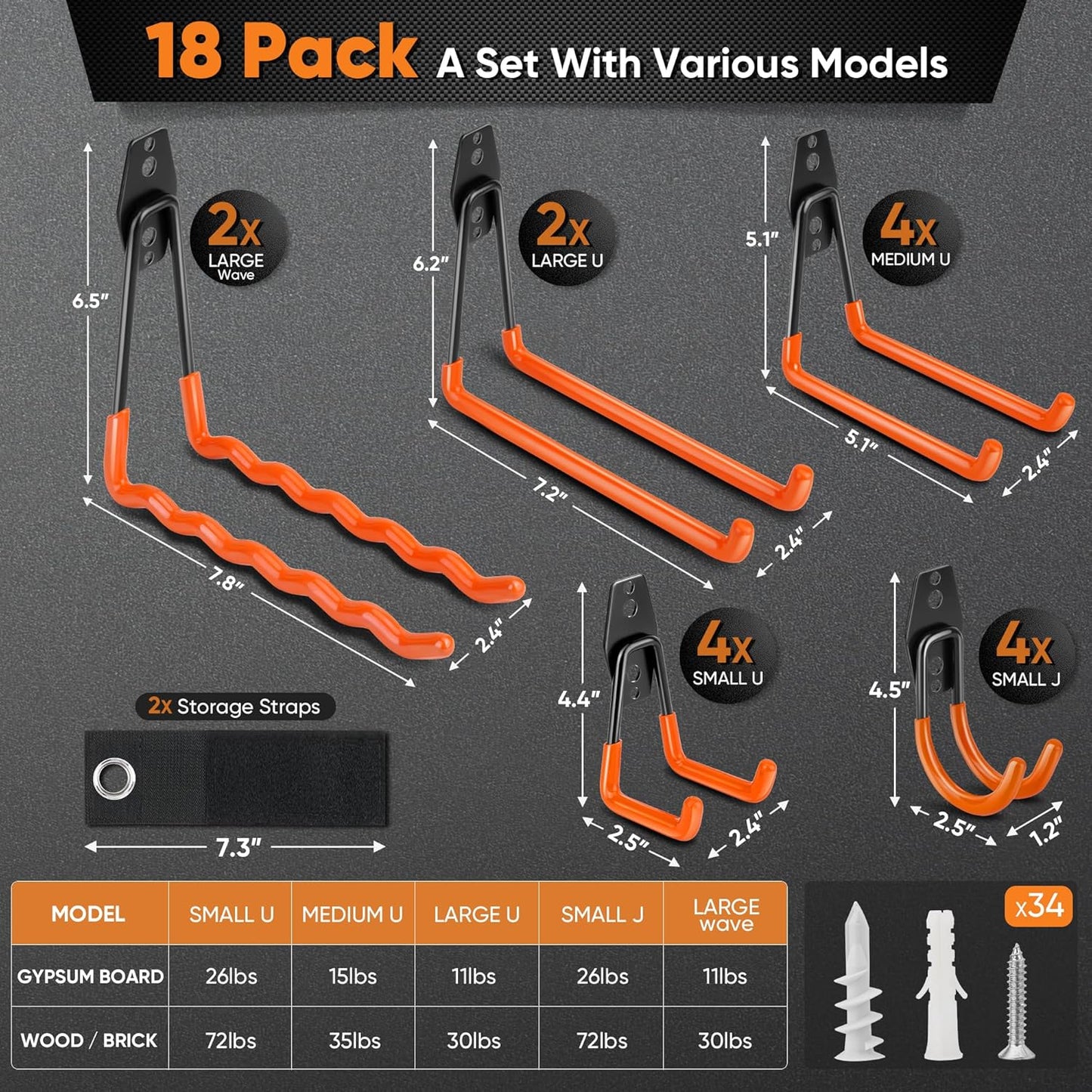 Nacial 18 Pack Garage Hooks Heavy Duty, Utility Steel Garage Storage Hook with 2 Extension Cord Storage Straps, Utility Garage Wall Mount Hooks for Hanging Bike, Ladder and Garden Tools, Orange