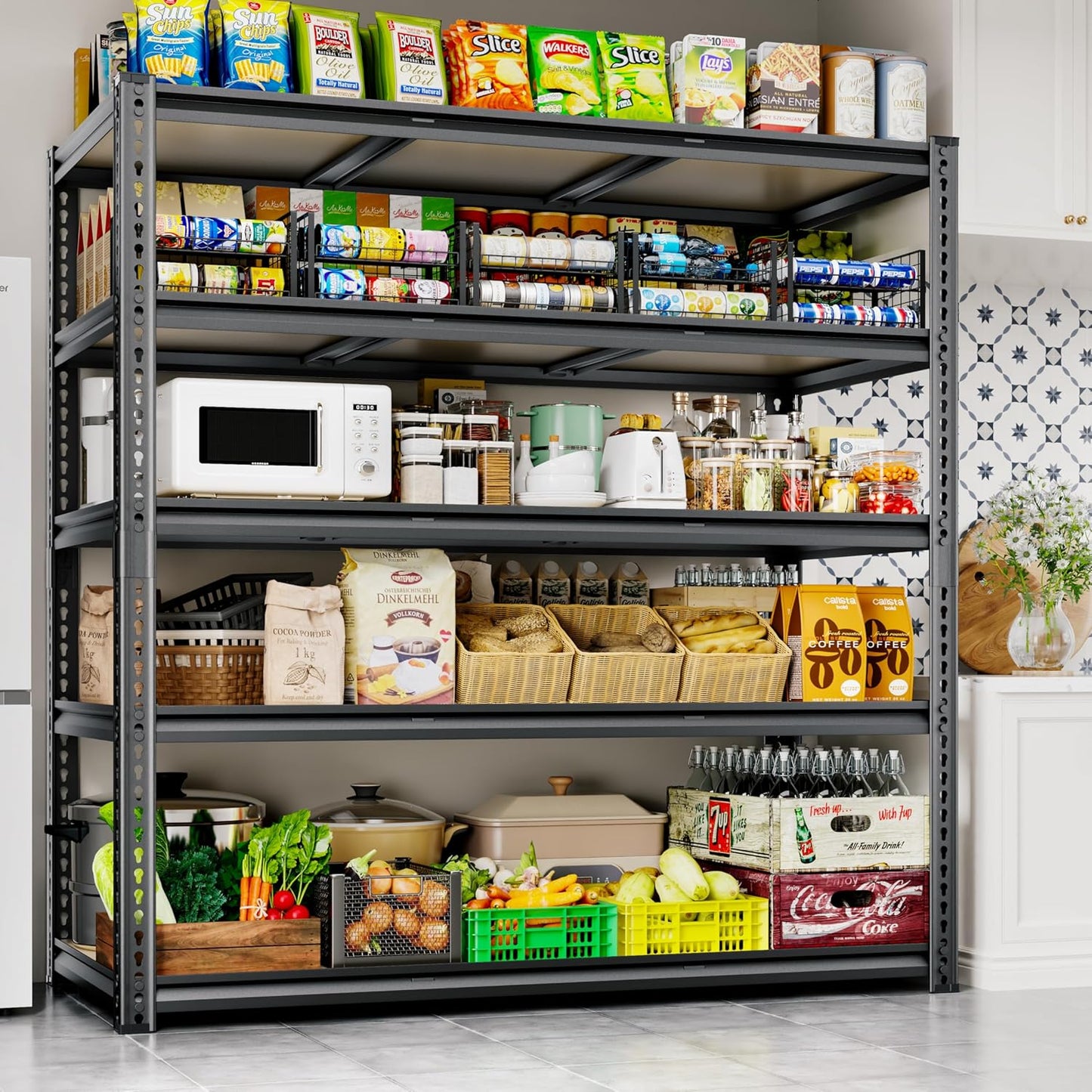 48"W Garage Shelving, 2650LBS Storage Shelves heavy duty, 5 Tier Metal Shelving Unit Adjustable Garage Shelves Heavy Duty Shelving for Warehouse,Commercial, Kitchen, 48" W × 18" D × 72" H, Black, 2PCS