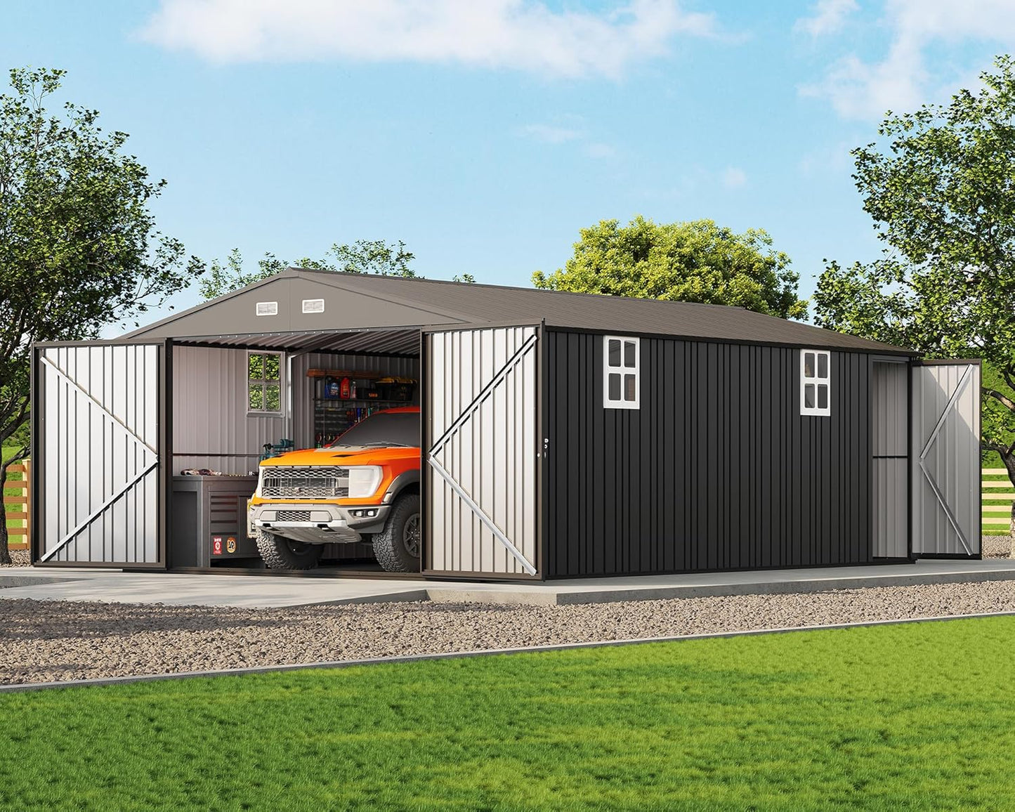 Jocisland 13.2x20.7x8.4 FT Heavy Duty Carport, Metal carport with 2 Lockable Doors & 4 Windows, Carport Canopy for for Car, Truck, Garbage Can, Tool, Lawnmower, Grey