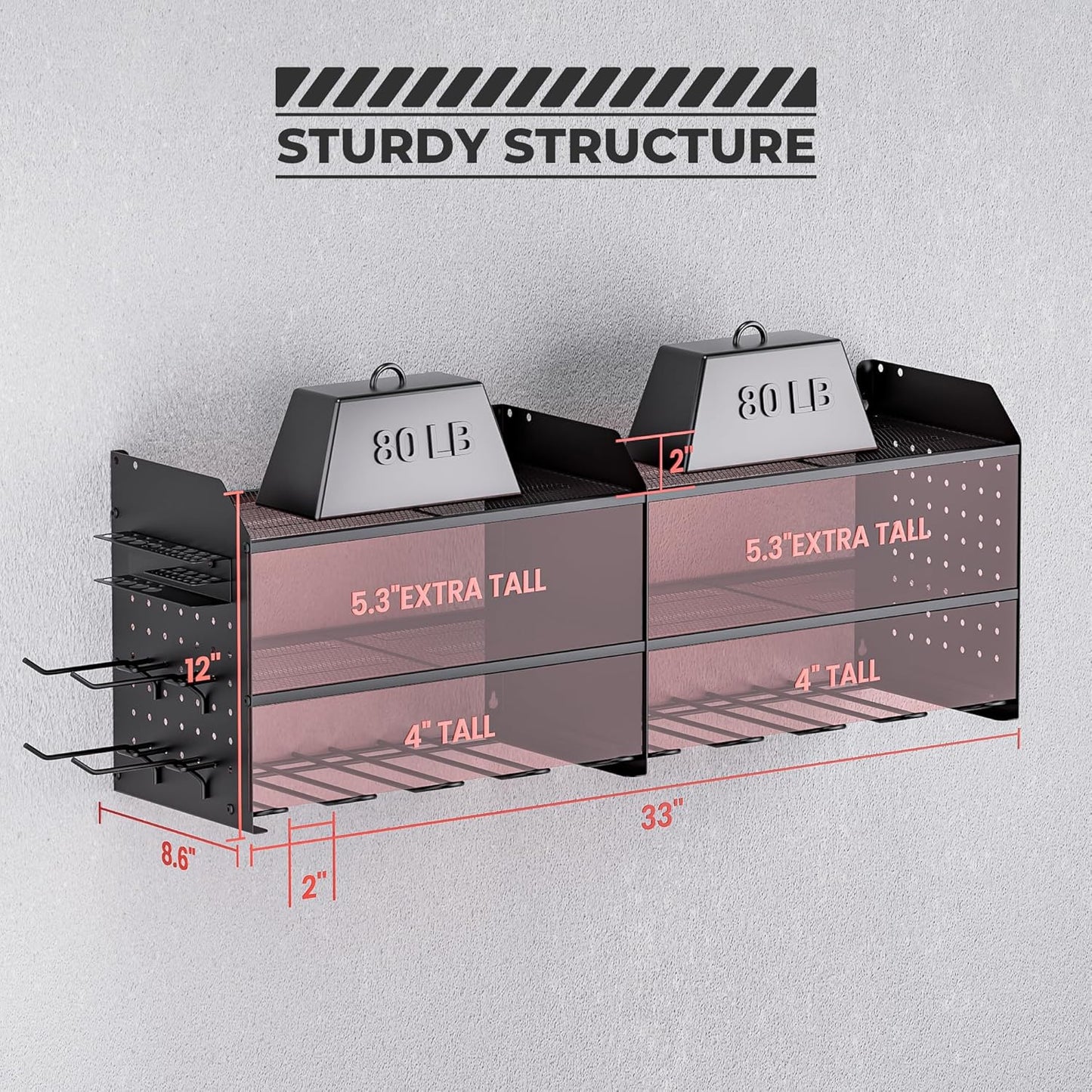 TRZZ 2-in-1 Power Tool Organizer Wall Mount, 3-Layer Drill Holder with 2 Side Pegboards, 8 Drill Holders, 4 Hooks, and 1 Drill Bit Rack, Tool Storage for Garage, Workshop, and Tool Room (Black)