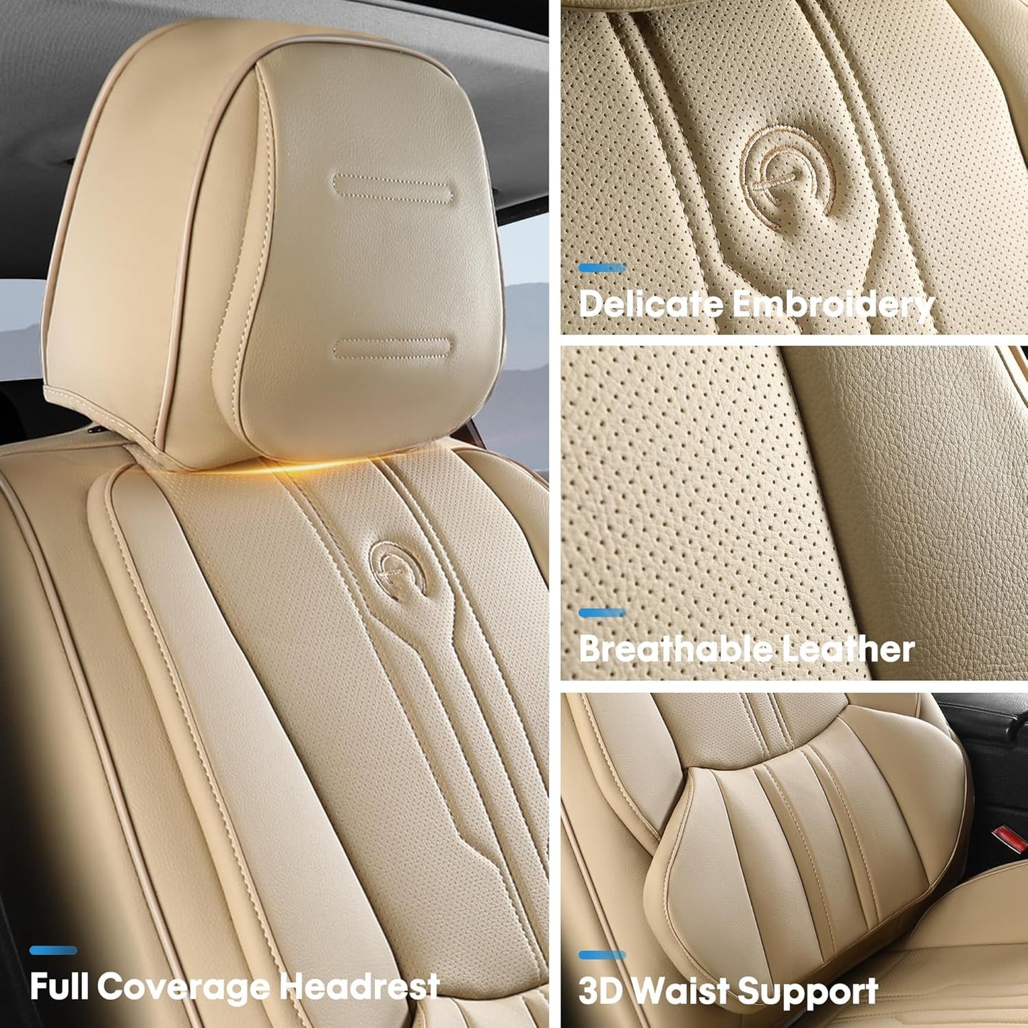 AOOG Front Seat Covers, Car Seat Covers Front Seats, Leather Seat Covers for Cars, Waterproof Seat Covers with Lumbar Support Universal Fit for Most Cars SUV Trucks(Front Pair, Beige)