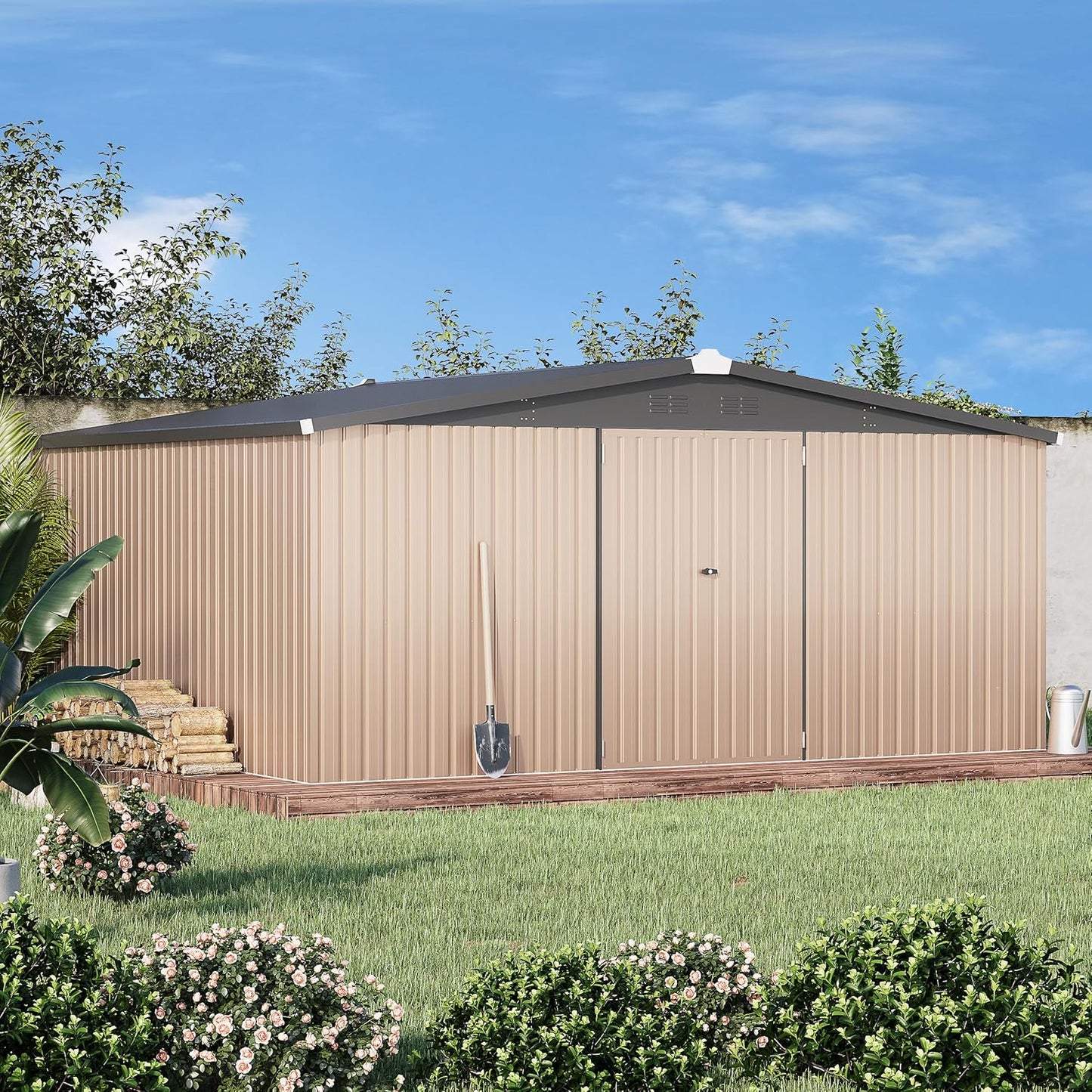 U-MAX 10' x 12' Outdoor Storage Shed Clearance, 10x12 Large Metal Garden Shed Yard Steel Shed with Design of Lockable Doors, Tool and Utility Storage for Backyard, Garden, Patio, Outside use Taupe