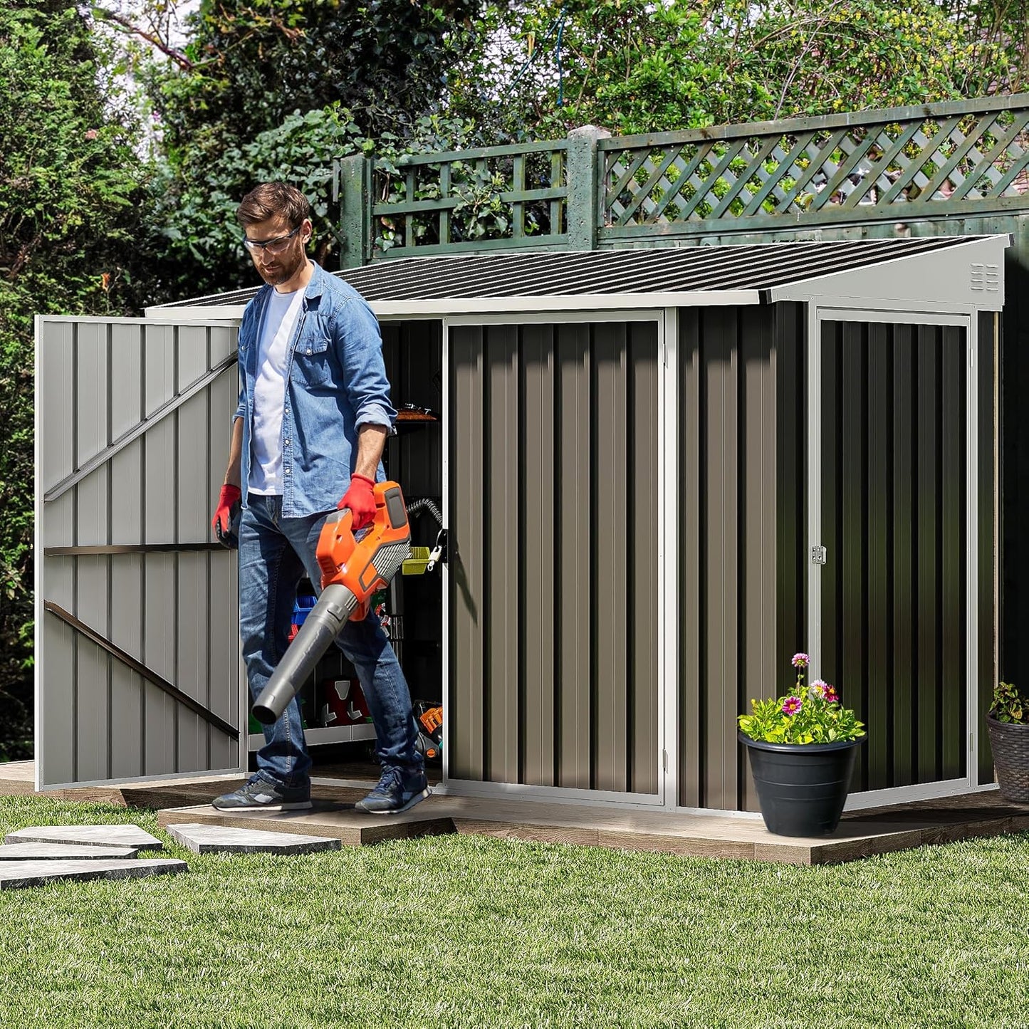 DWVO 8x4 FT Outdoor Weatherproof Storage Shed, Secure Metal Bike Shed w/Lockable Entry, Garden Storage Solution for Lawn Equipment, Tools, Waste Bin, Dark Gray