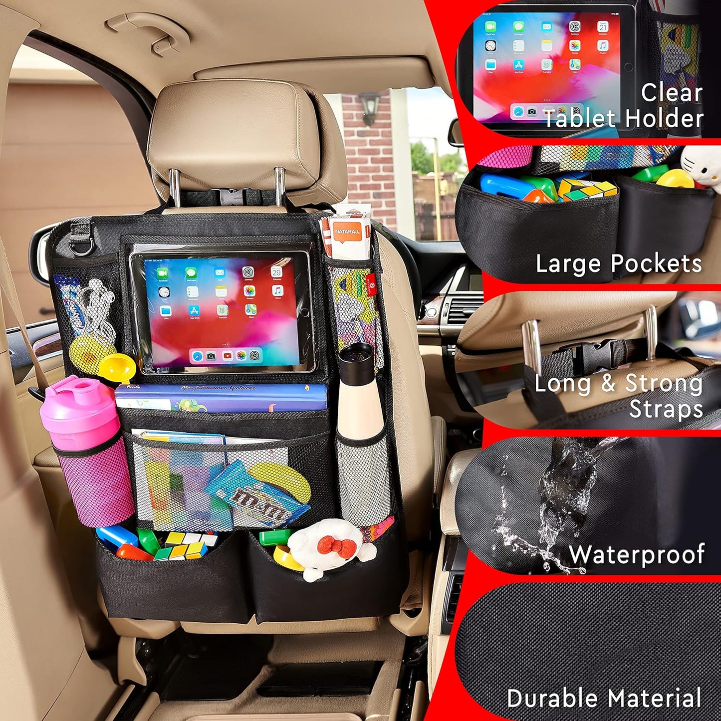 Helteko Backseat Car Organizer, Kick Mats Back Seat Protector with Touch Screen Tablet Holder, Back Seat Organizer for Kids with 9 Storage Pockets, Travel Accessories (2 Pack, Venetian Red)
