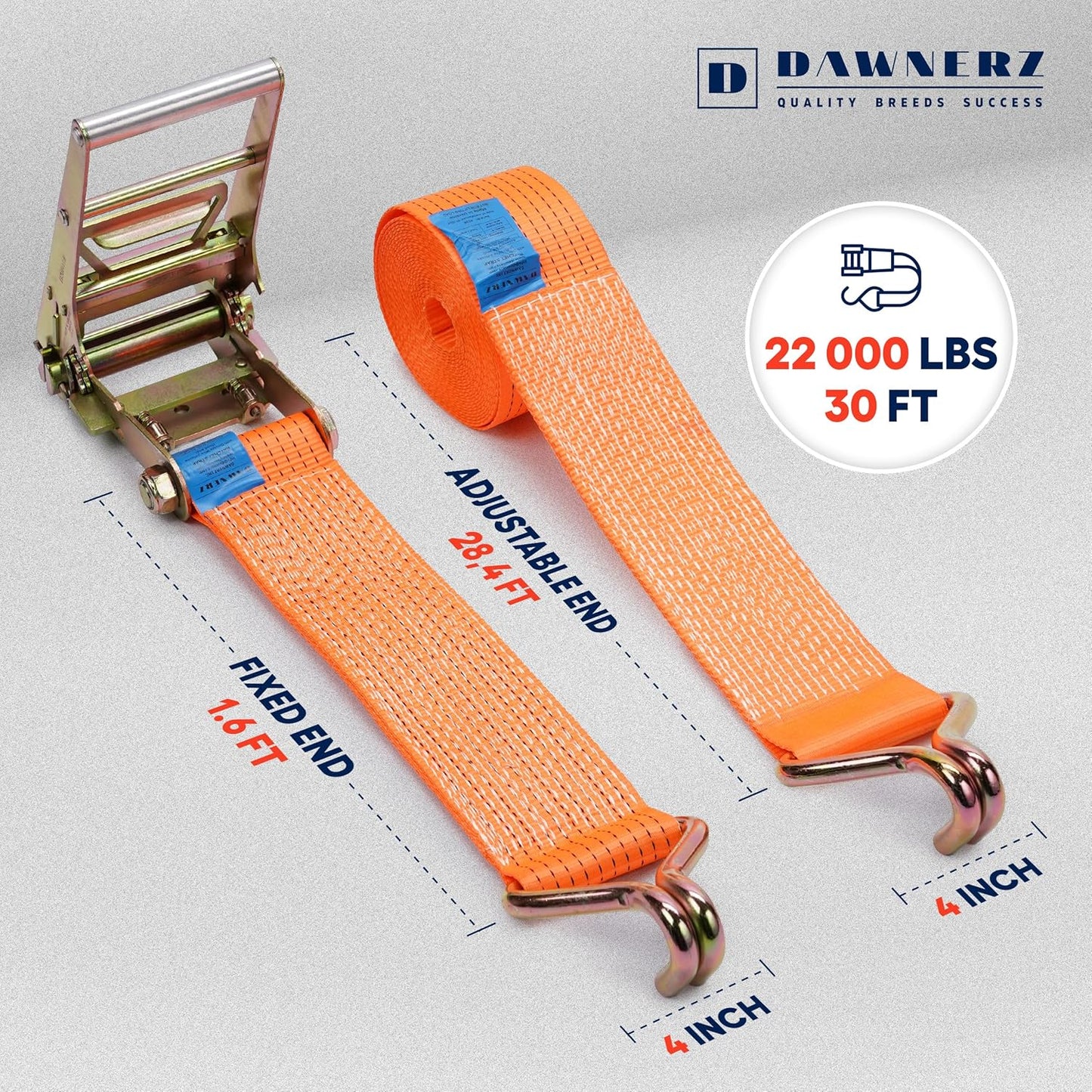 Heavy Duty 4 Inch x 30 Ft Ratchet Straps - 22,000 Lb Breaking Strength Tie Downs Ratchet Straps with Double J Hooks for Trucks & Trailers