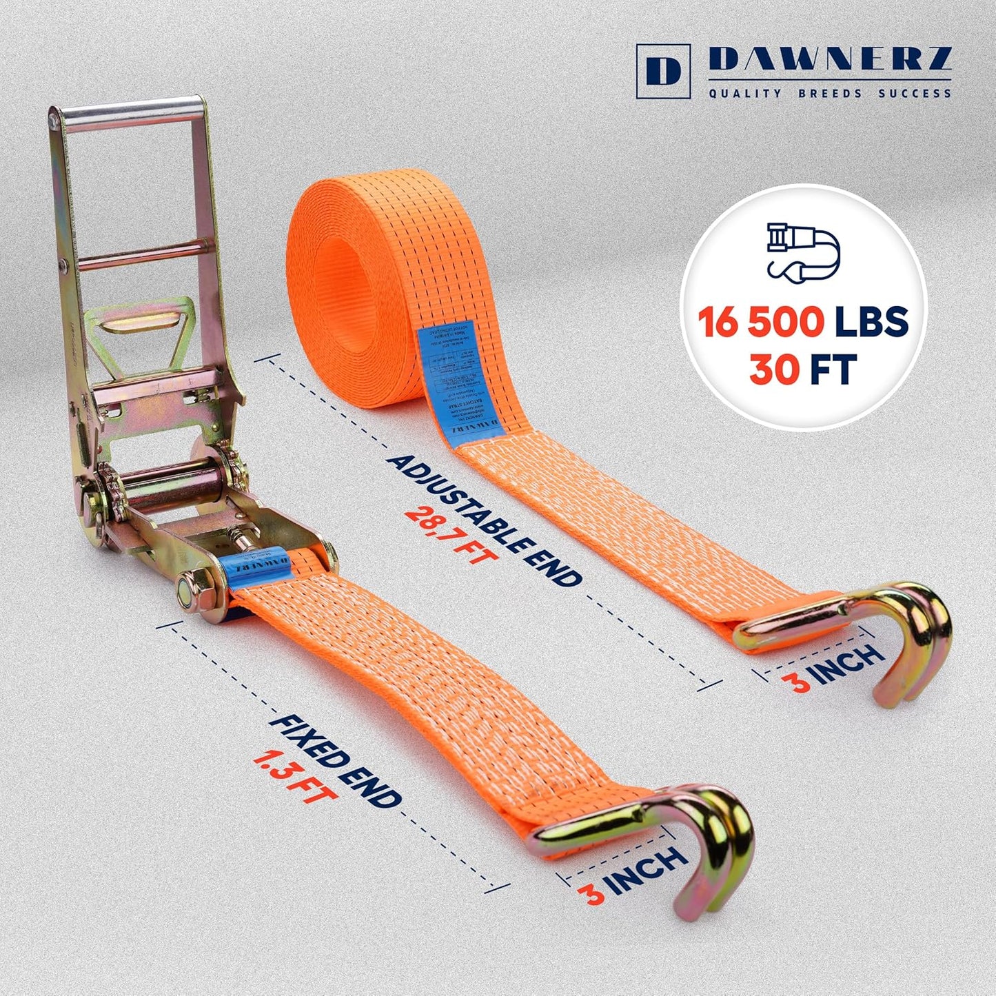 Heavy Duty Ratchet Straps 3 inch x 30 ft - 16,500 Lb Breaking Strength Tie Downs Ratchet Straps with Double Wire J Hooks for Truck and Trailer