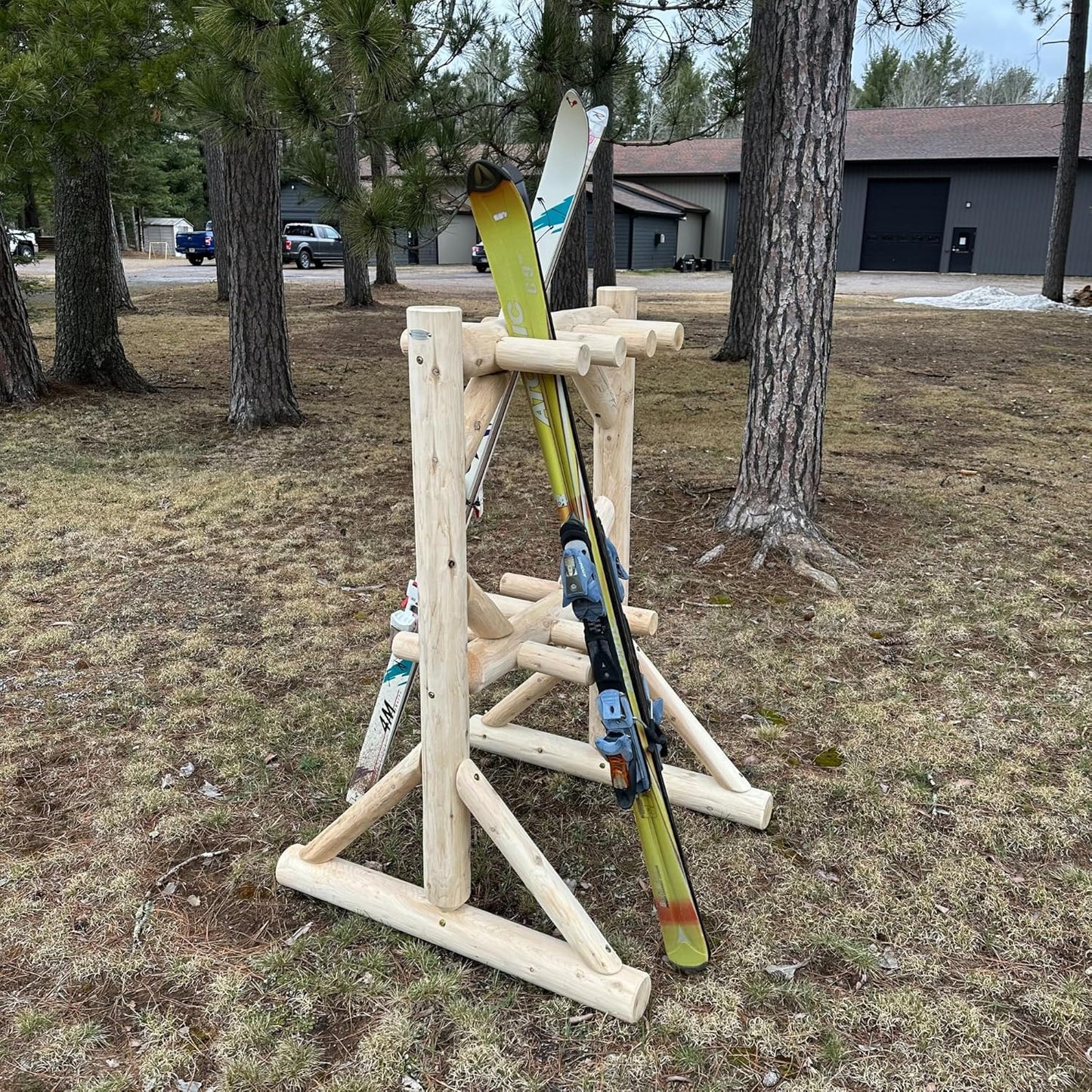 8-Place Freestanding Log Ski Rack Holder, Indoor & Outdoor Snowboard Racks, Standing Storage, Garage Racks for Snow Skis, Durable Snowboard Rack Garage Storage Organizer - Unfinished + 15" Anchor Kit